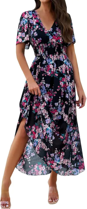 Summer Dresses for Women 2025 Maxi Dress Flowy Ruffle Short Sleeve Waist Pleated Swing Aline