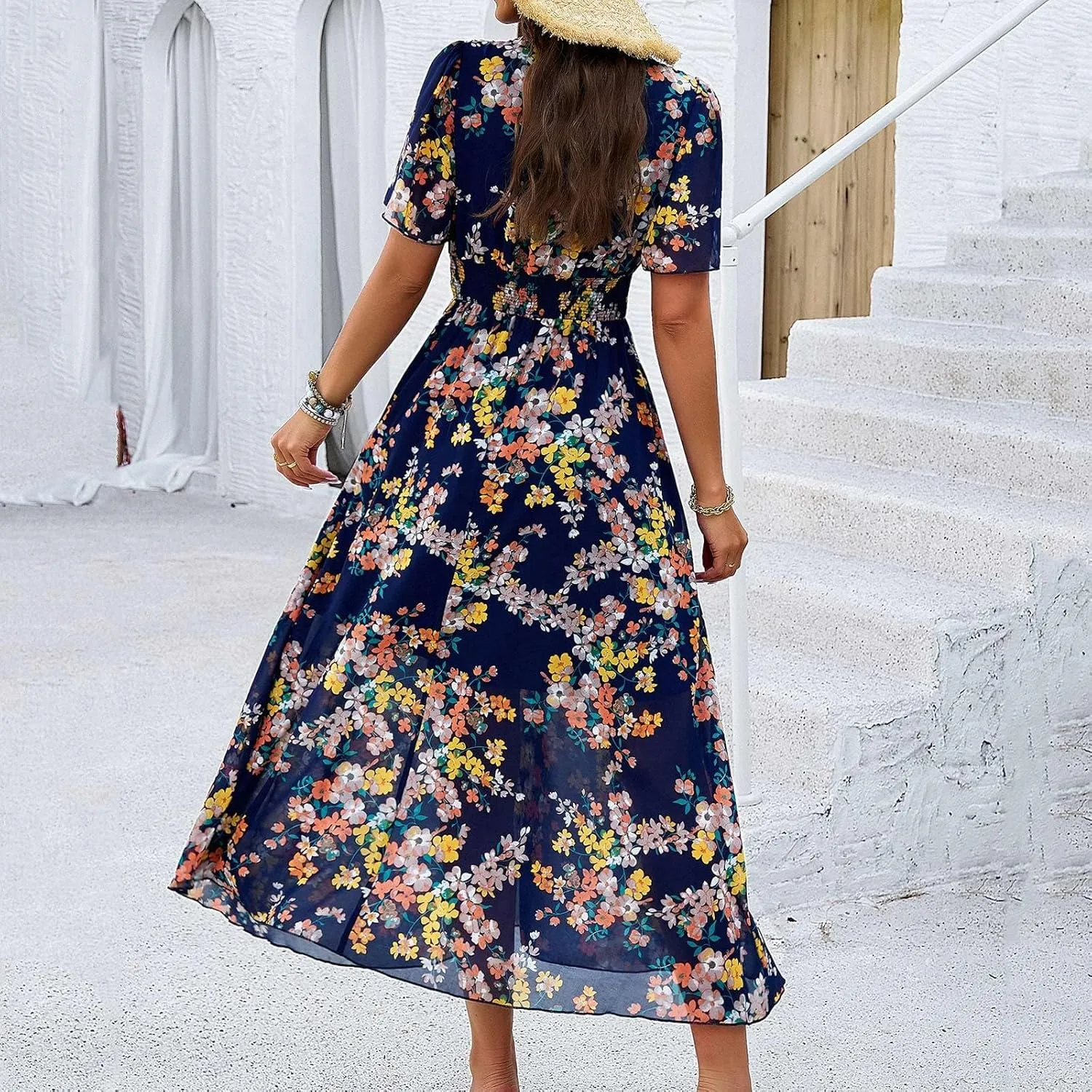 Summer Dresses for Women 2025 Maxi Dress Flowy Ruffle Short Sleeve Waist Pleated Swing Aline