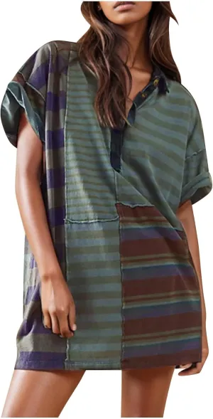 Summer Dresses for Women 2025 Mid Sleeve Lapel Clashing Stripe Casual Dresses Button Down Loose Spring Dress