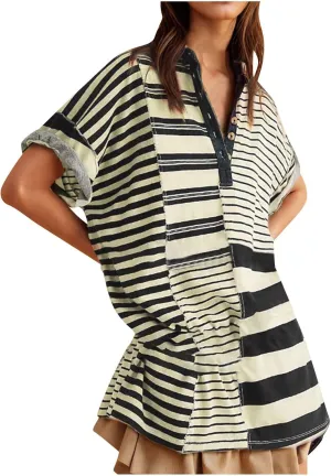 Summer Dresses for Women 2025 Mid Sleeve Lapel Clashing Stripe Casual Dresses Button Down Loose Spring Dress