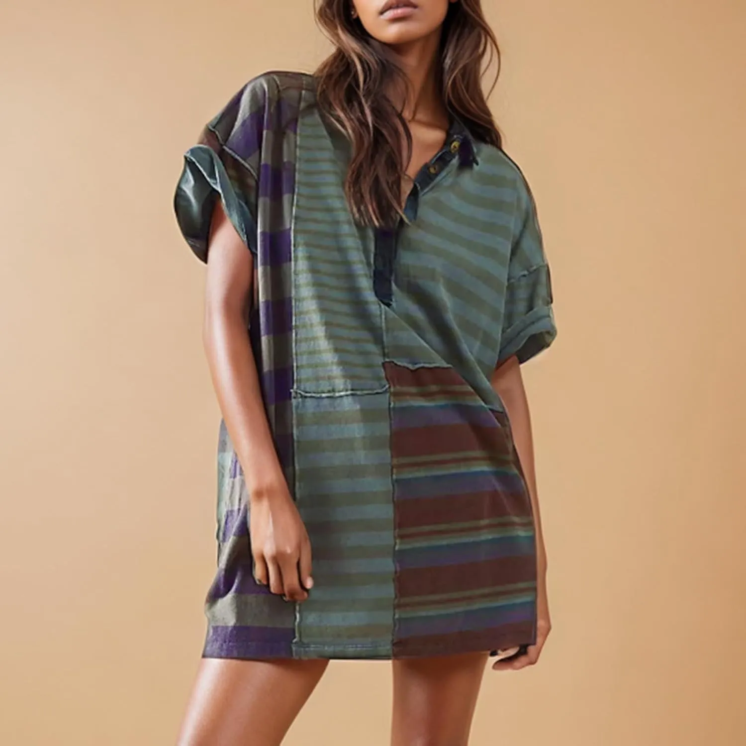 Summer Dresses for Women 2025 Mid Sleeve Lapel Clashing Stripe Casual Dresses Button Down Loose Spring Dress