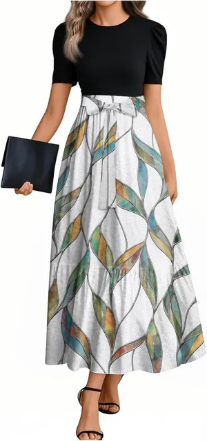 Summer Dresses for Women 2025 Patchwork Long Sundress Ruffle Hem a Line Dress Short Sleeve Flowy Floral Maxi Dress