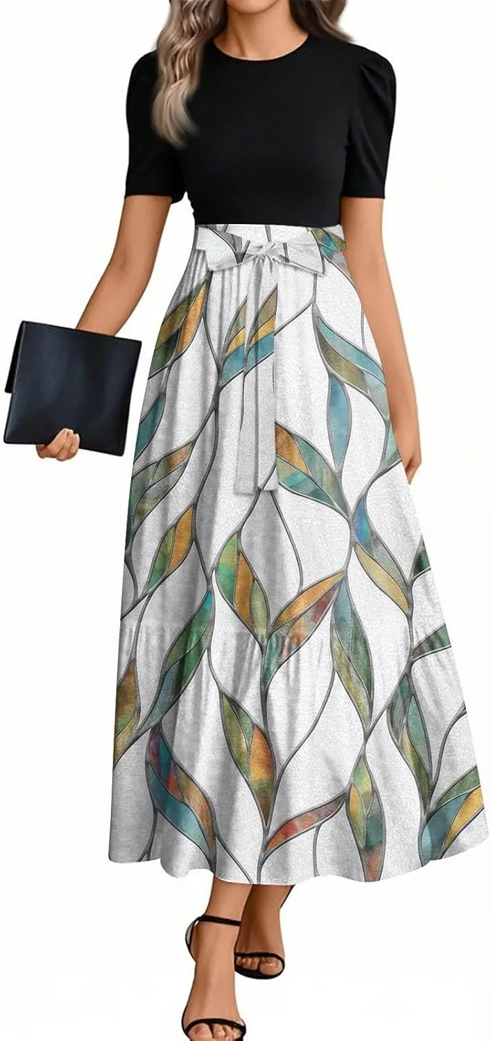 Summer Dresses for Women 2025 Patchwork Long Sundress Ruffle Hem a Line Dress Short Sleeve Flowy Floral Maxi Dress