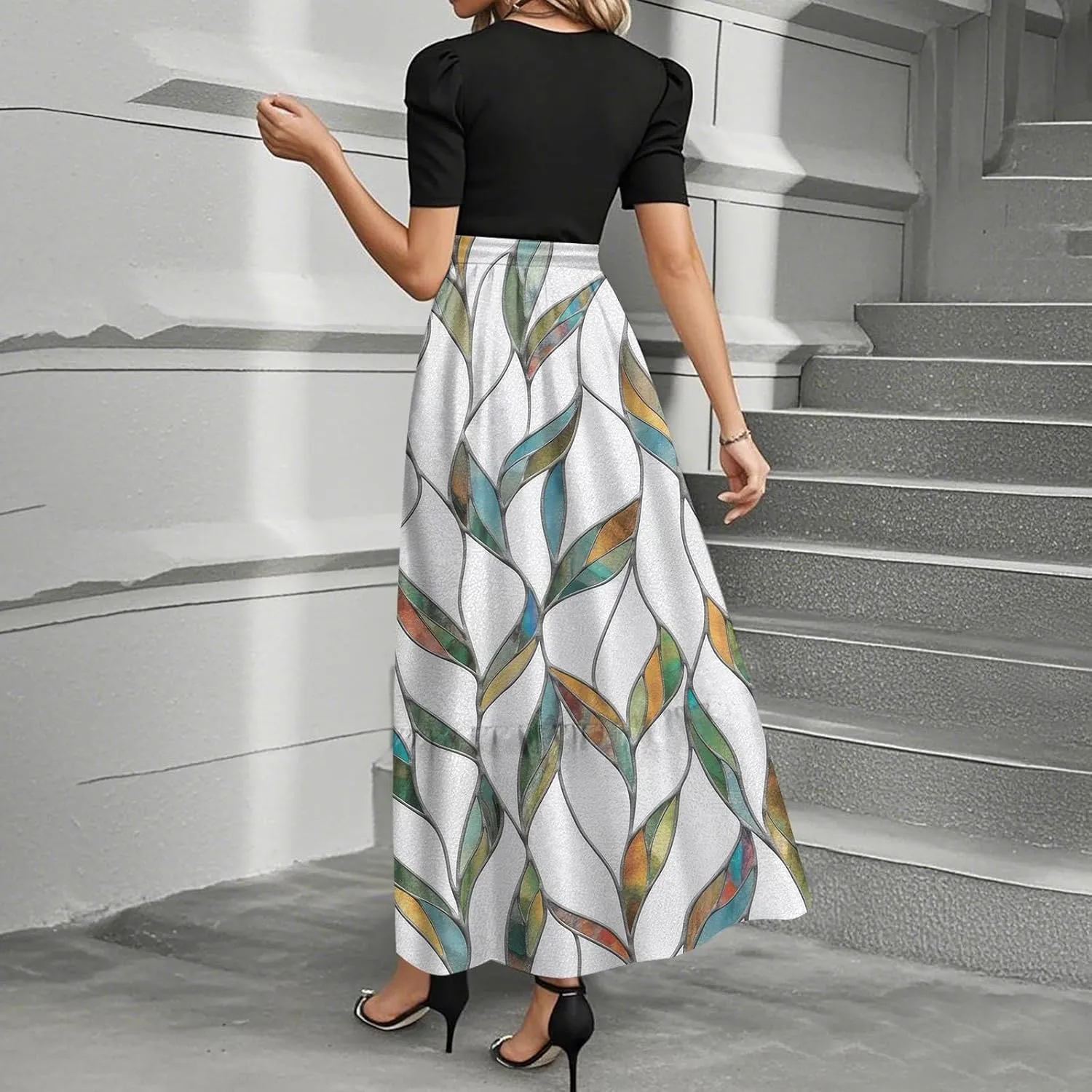 Summer Dresses for Women 2025 Patchwork Long Sundress Ruffle Hem a Line Dress Short Sleeve Flowy Floral Maxi Dress