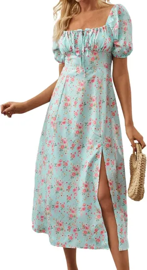 Summer Dresses for Women 2025 Puff Short Sleeve Long Boho Dresses Square Neck Floral Split Thigh Dress