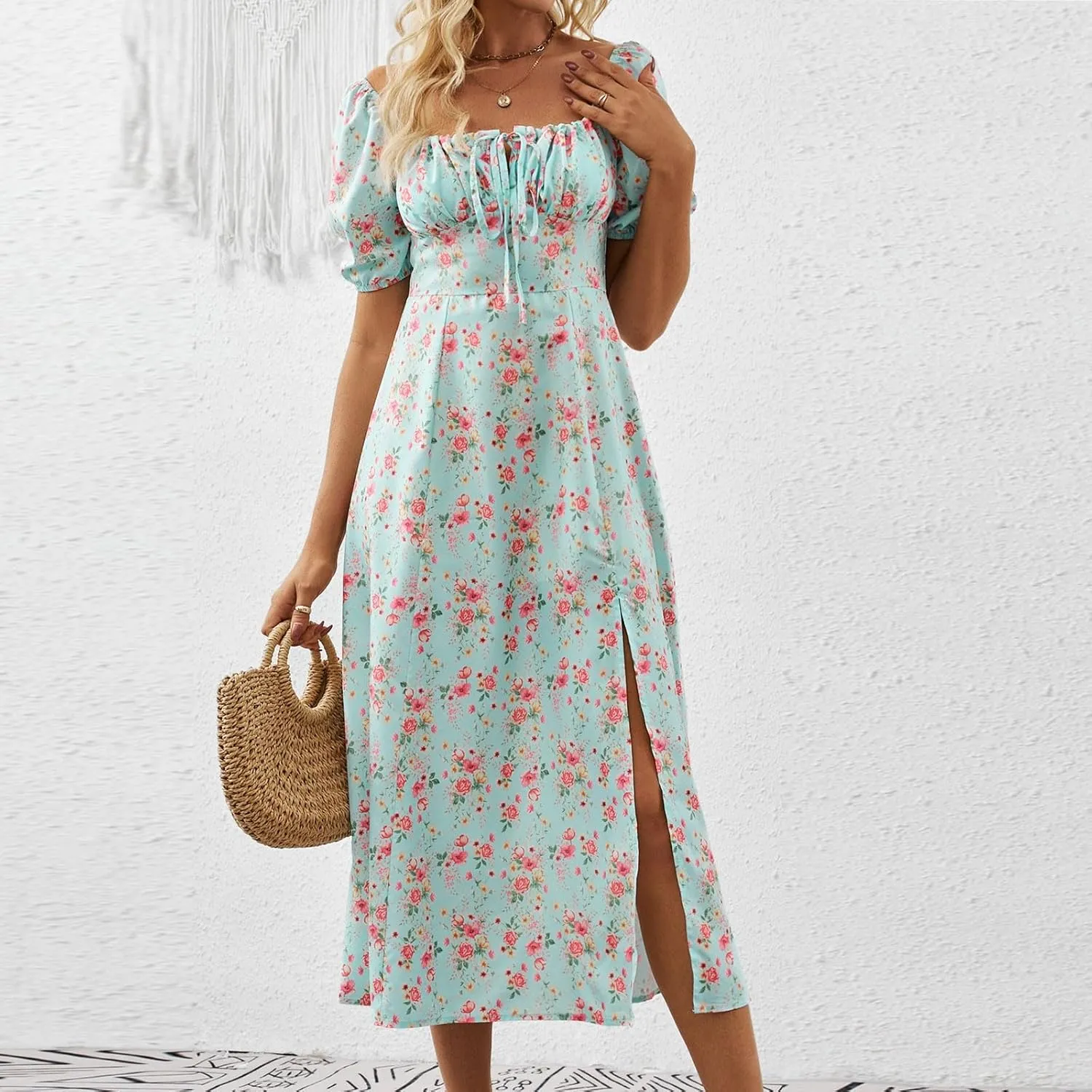 Summer Dresses for Women 2025 Puff Short Sleeve Long Boho Dresses Square Neck Floral Split Thigh Dress