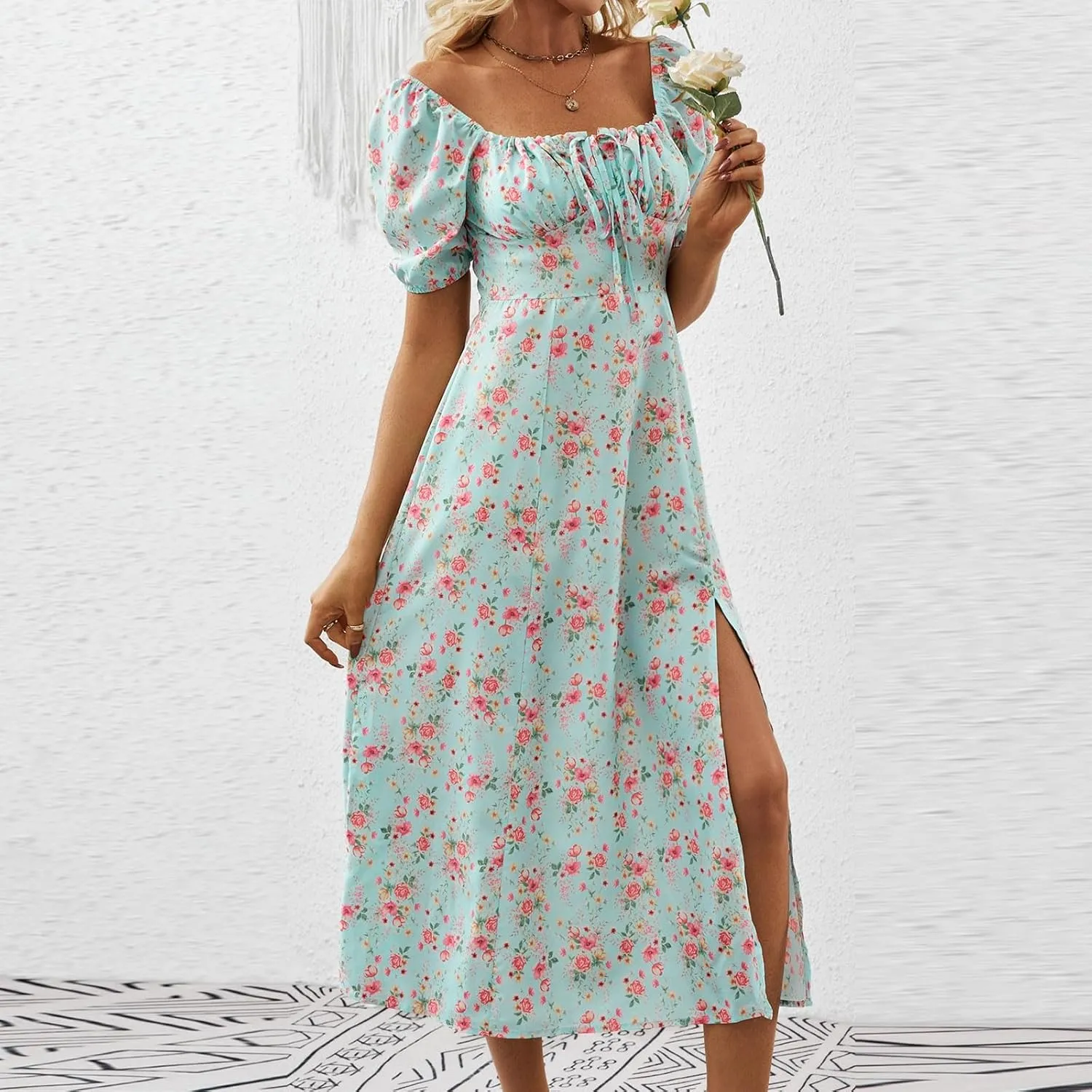 Summer Dresses for Women 2025 Puff Short Sleeve Long Boho Dresses Square Neck Floral Split Thigh Dress