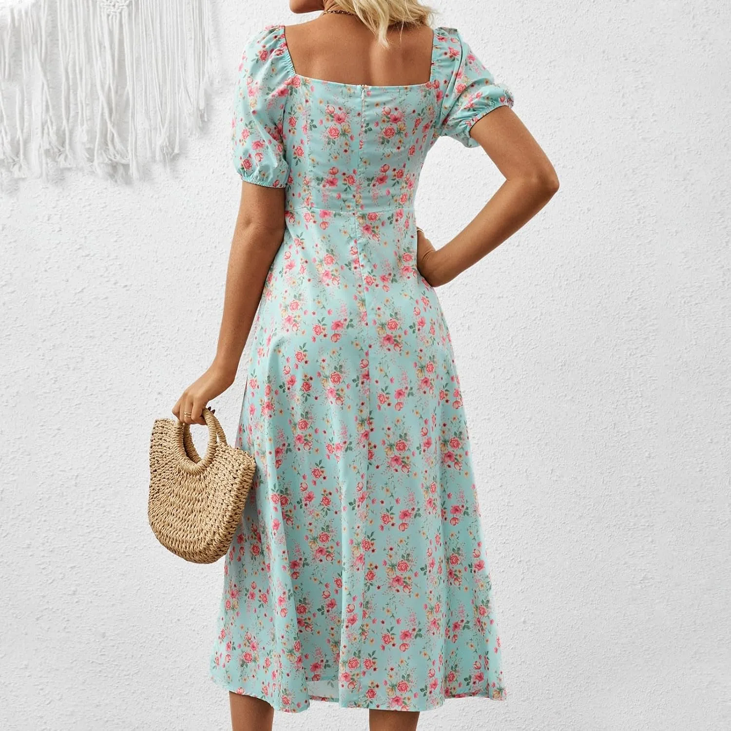 Summer Dresses for Women 2025 Puff Short Sleeve Long Boho Dresses Square Neck Floral Split Thigh Dress
