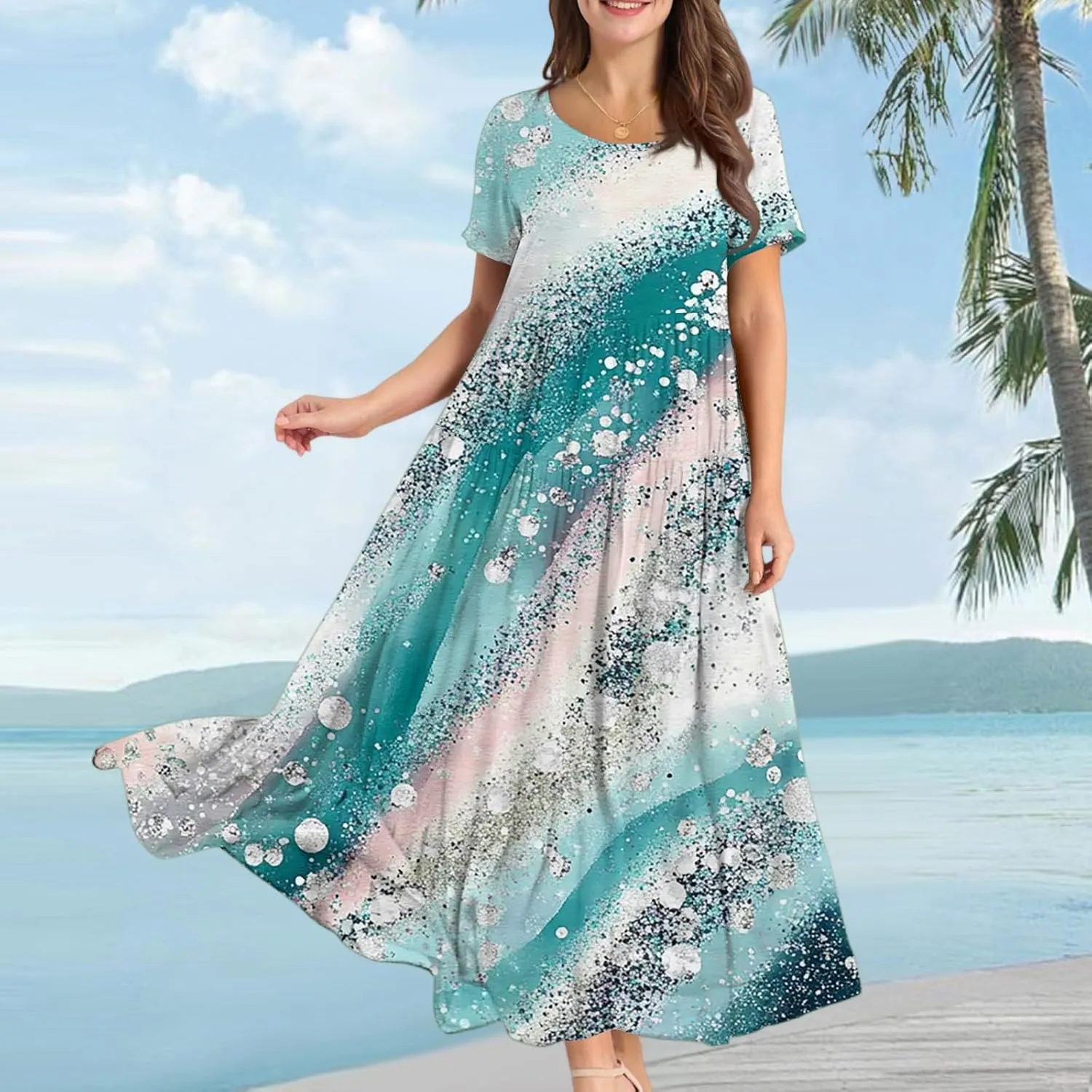 Summer Dresses for Women 2025 Short Sleeve Long Maxi Casual Loose Bohemian Floral Dresses;Womens Fashion