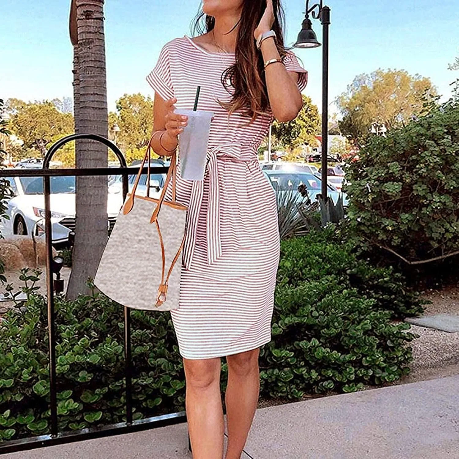 Summer Dresses for Women 2025 Trendy Casual Short Sleeve Tie Waisted Petite Sundress Party Vacation Resort Beach Wear