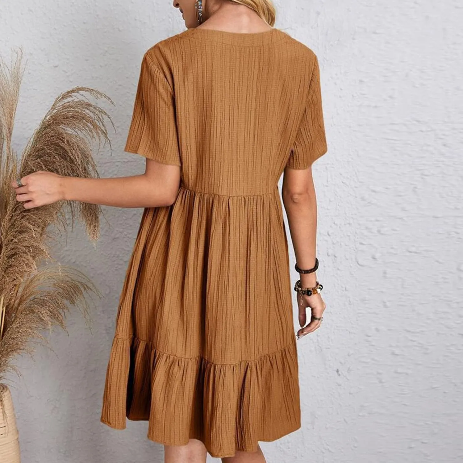 Summer Dresses for Women 2025 Trendy Loose Short Sleeve Solid Color Sundress Casual Pleated Vacation Beach Dress