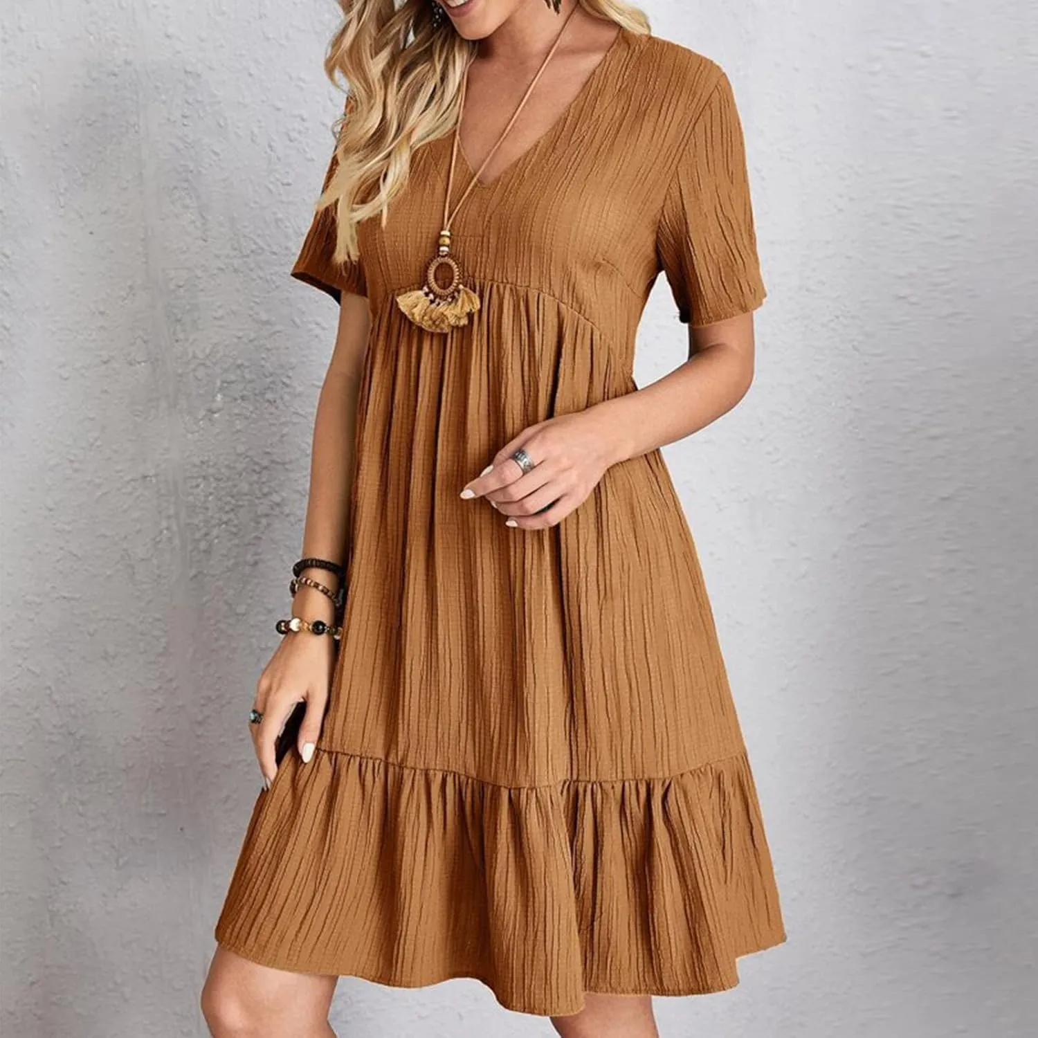 Summer Dresses for Women 2025 Trendy Loose Short Sleeve Solid Color Sundress Casual Pleated Vacation Beach Dress