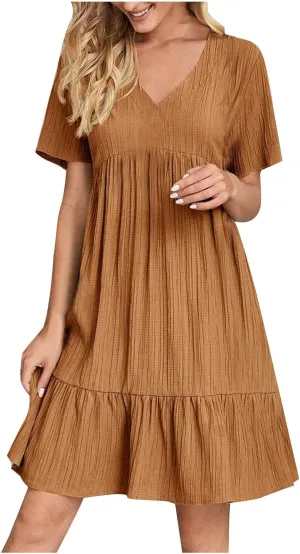Summer Dresses for Women 2025 Trendy Loose Short Sleeve Solid Color Sundress Casual Pleated Vacation Beach Dress