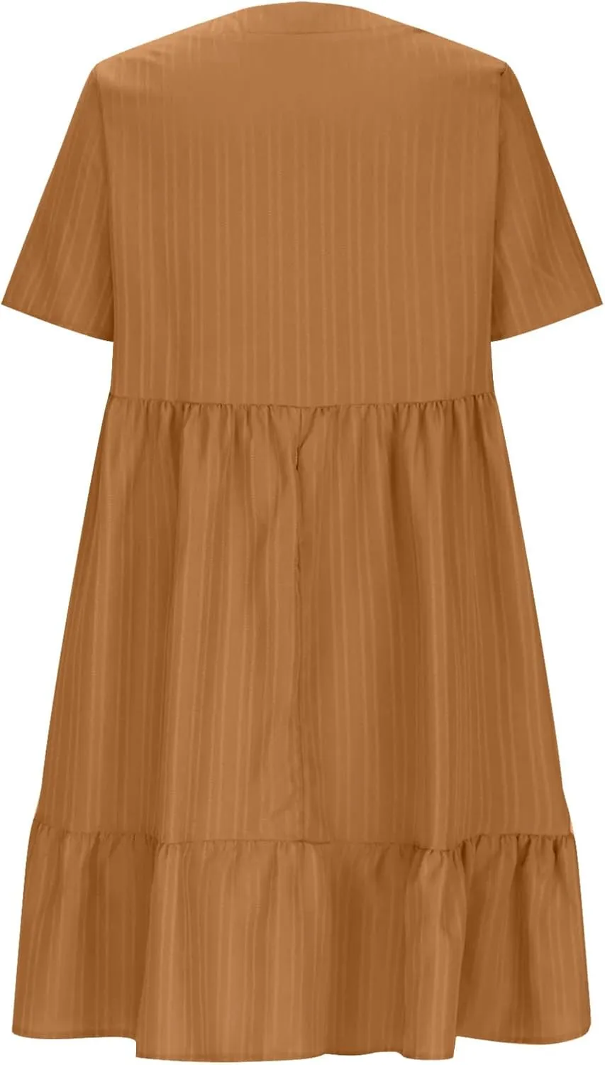 Summer Dresses for Women 2025 Trendy Loose Short Sleeve Solid Color Sundress Casual Pleated Vacation Beach Dress