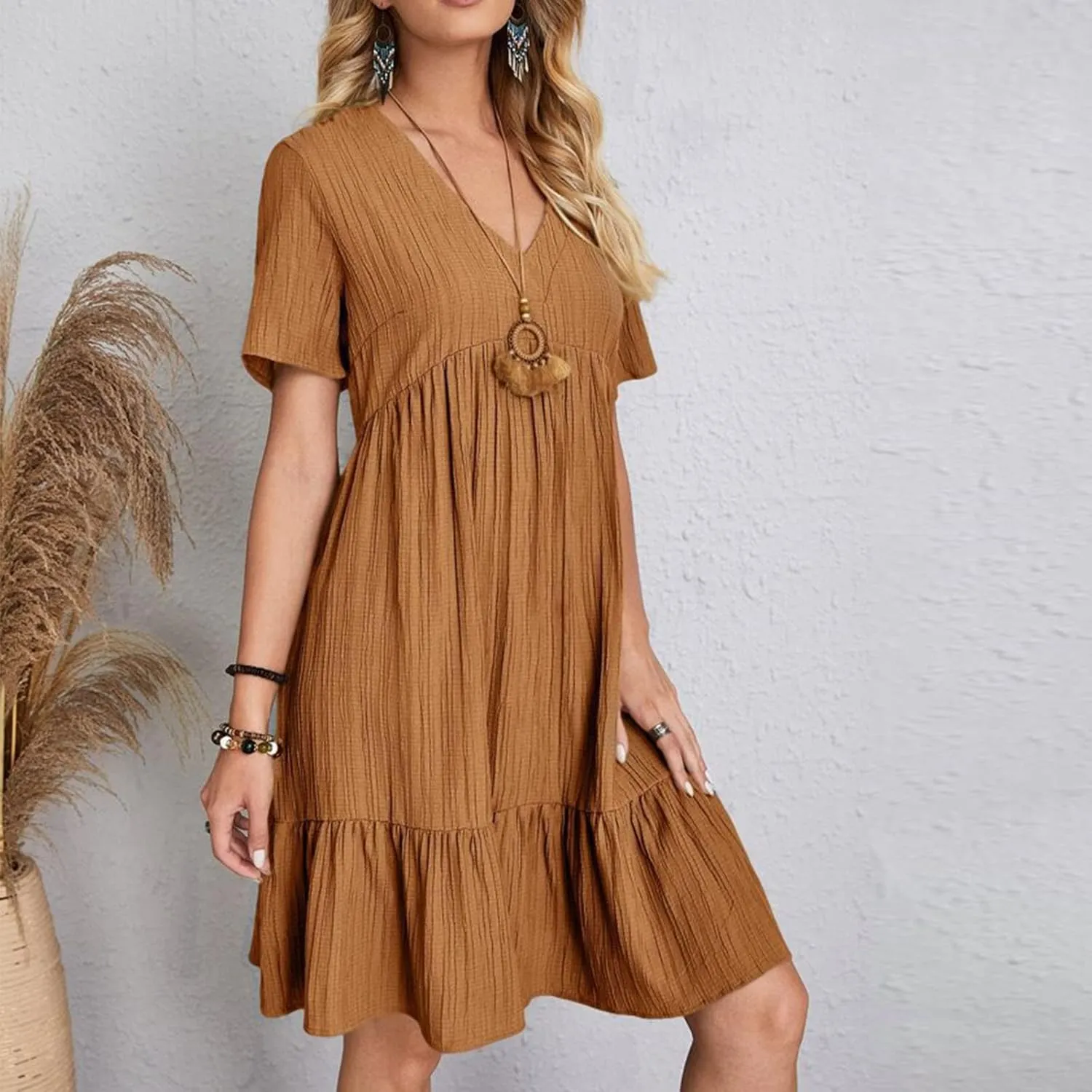 Summer Dresses for Women 2025 Trendy Loose Short Sleeve Solid Color Sundress Casual Pleated Vacation Beach Dress