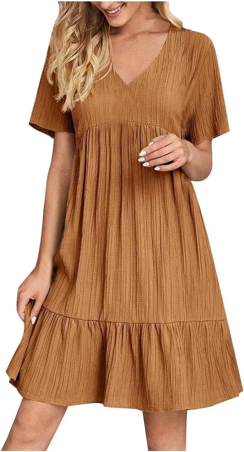 Summer Dresses for Women 2025 Trendy Loose Short Sleeve Solid Color Sundress Casual Pleated Vacation Beach Dress