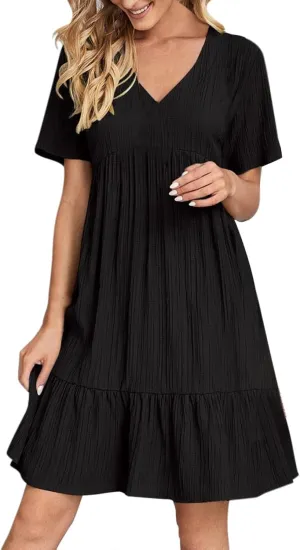 Summer Dresses for Women 2025 Trendy Short Sleeve Pleated Midi Dress Casual Flowy V Neck Elegant Beach Sundresses