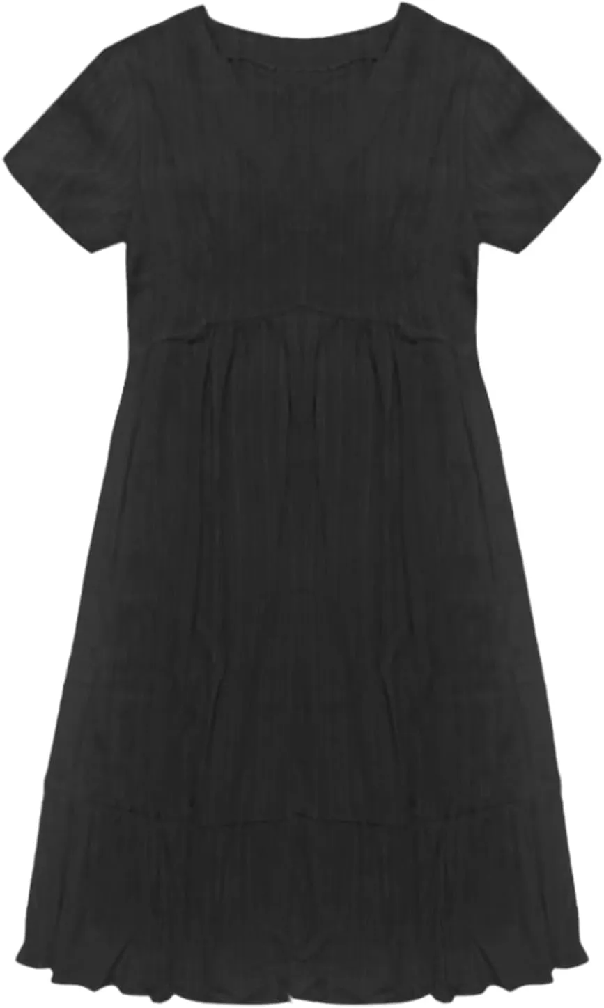 Summer Dresses for Women 2025 Trendy Short Sleeve Pleated Midi Dress Casual Flowy V Neck Elegant Beach Sundresses