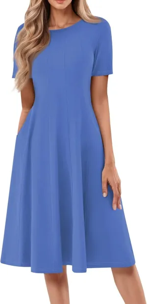 Summer Dresses for Women 2025 Trendy Short Sleeve Scoop Neck Print Beach Boho Tshirt Dress with Pockets