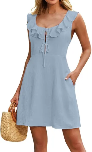 Summer Dresses for Women 2025 Trendy Sleeveless Ruffle Scoop Neck Sundresses Casual Beach Coverups Vacation Outfits
