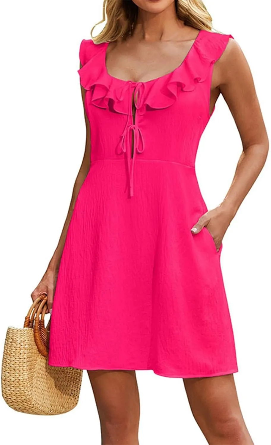 Summer Dresses for Women 2025 Trendy Sleeveless Ruffle Scoop Neck Sundresses Casual Beach Coverups Vacation Outfits