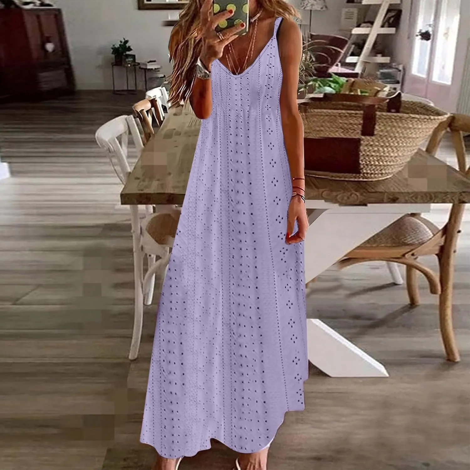Summer Dresses for Women 2025 Trendy V Neck Eyelet Sleeveless Maxi Dress Spring Boho Beach Vacation Clothes
