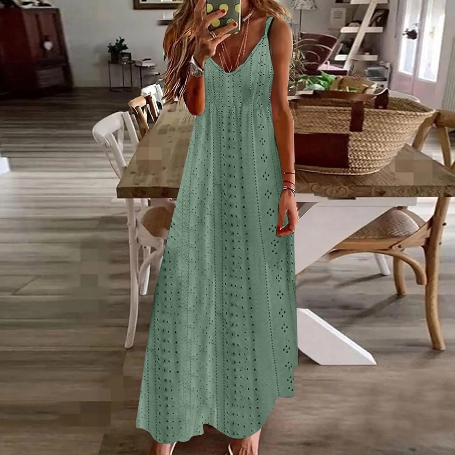 Summer Dresses for Women 2025 Trendy V Neck Eyelet Sleeveless Maxi Dress Spring Boho Beach Vacation Clothes