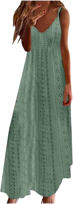 Summer Dresses for Women 2025 Trendy V Neck Eyelet Sleeveless Maxi Dress Spring Boho Beach Vacation Clothes