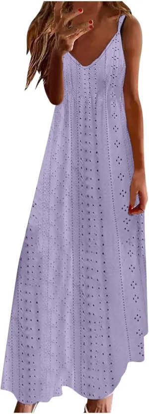 Summer Dresses for Women 2025 Trendy V Neck Eyelet Sleeveless Maxi Dress Spring Boho Beach Vacation Clothes