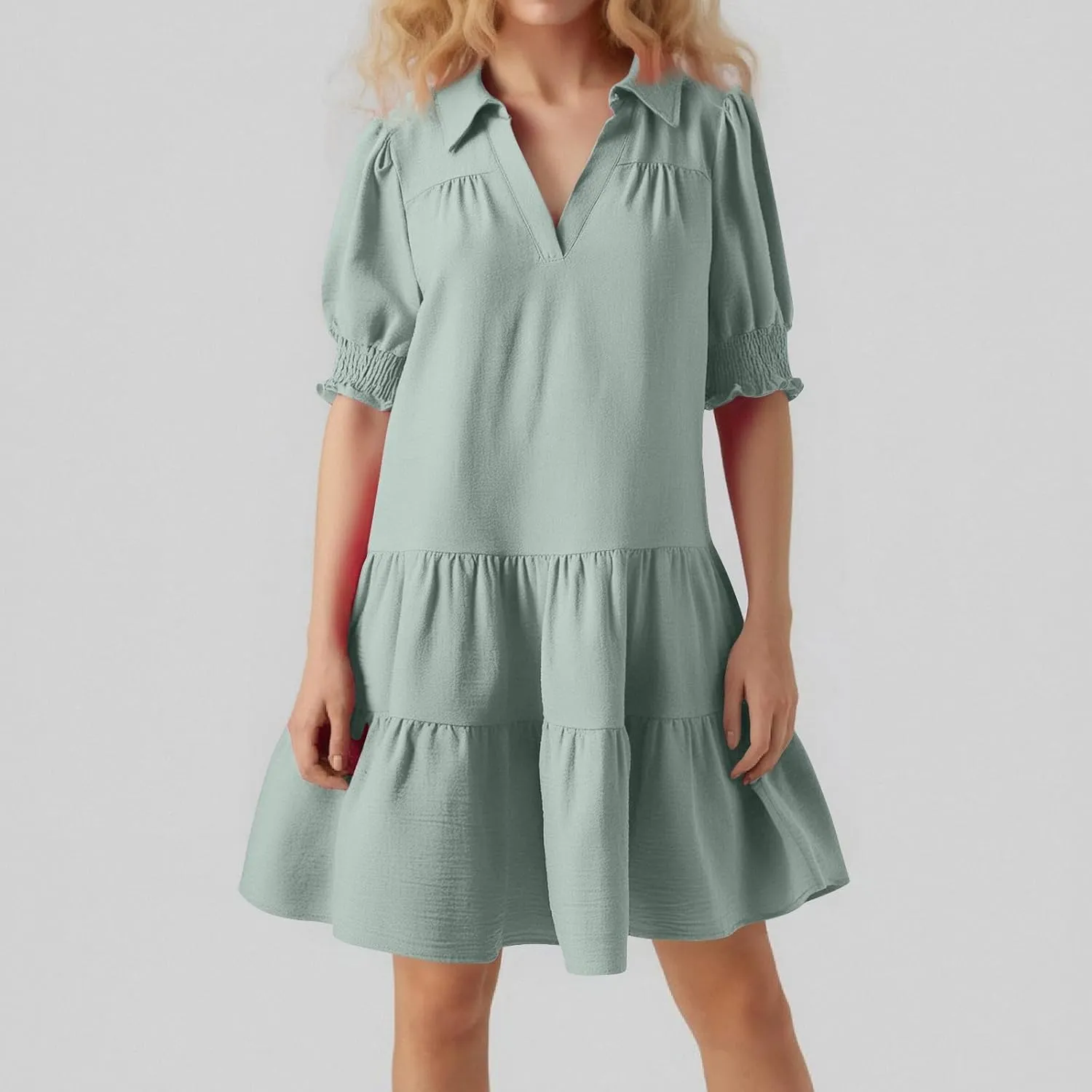 Summer Dresses for Women 2025 V Neck Smocked Tiered Short Sleeve Dress Boho Flowy Vacation Beach Mini Sundress