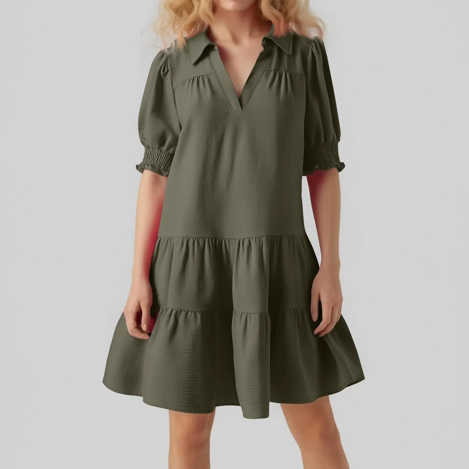 Summer Dresses for Women 2025 V Neck Smocked Tiered Short Sleeve Dress Boho Flowy Vacation Beach Mini Sundress