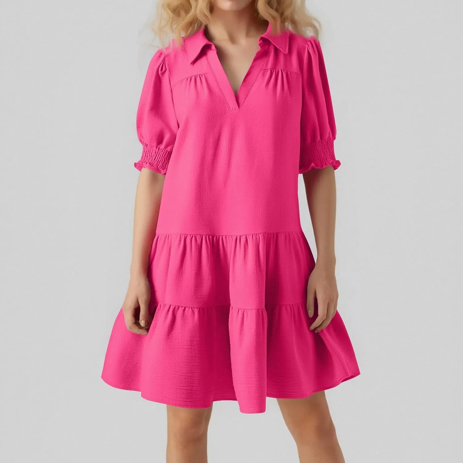 Summer Dresses for Women 2025 V Neck Smocked Tiered Short Sleeve Dress Boho Flowy Vacation Beach Mini Sundress