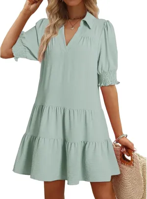 Summer Dresses for Women 2025 V Neck Smocked Tiered Short Sleeve Dress Boho Flowy Vacation Beach Mini Sundress