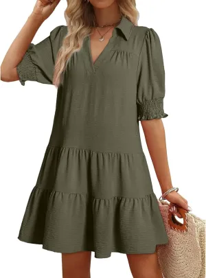 Summer Dresses for Women 2025 V Neck Smocked Tiered Short Sleeve Dress Boho Flowy Vacation Beach Mini Sundress