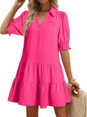 Summer Dresses for Women 2025 V Neck Smocked Tiered Short Sleeve Dress Boho Flowy Vacation Beach Mini Sundress