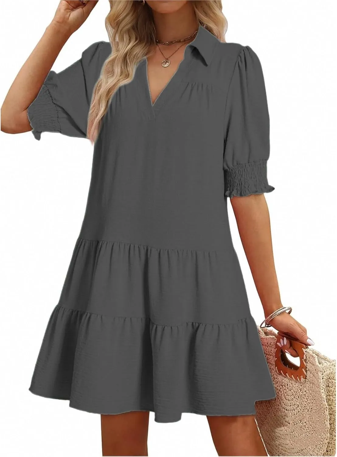 Summer Dresses for Women 2025 V Neck Smocked Tiered Short Sleeve Dress Boho Flowy Vacation Beach Mini Sundress