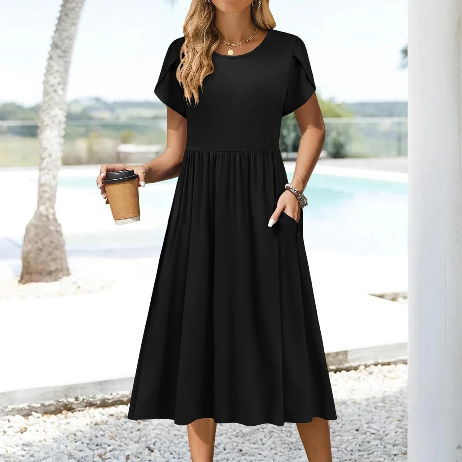 Summer Dresses for Women Boho Sundress Crew Neck Short Sleeve Fashion Floral High Waist Dresses Ruffle Hem Dress 2025