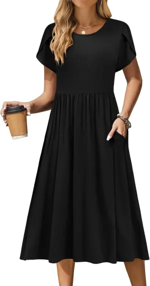 Summer Dresses for Women Boho Sundress Crew Neck Short Sleeve Fashion Floral High Waist Dresses Ruffle Hem Dress 2025