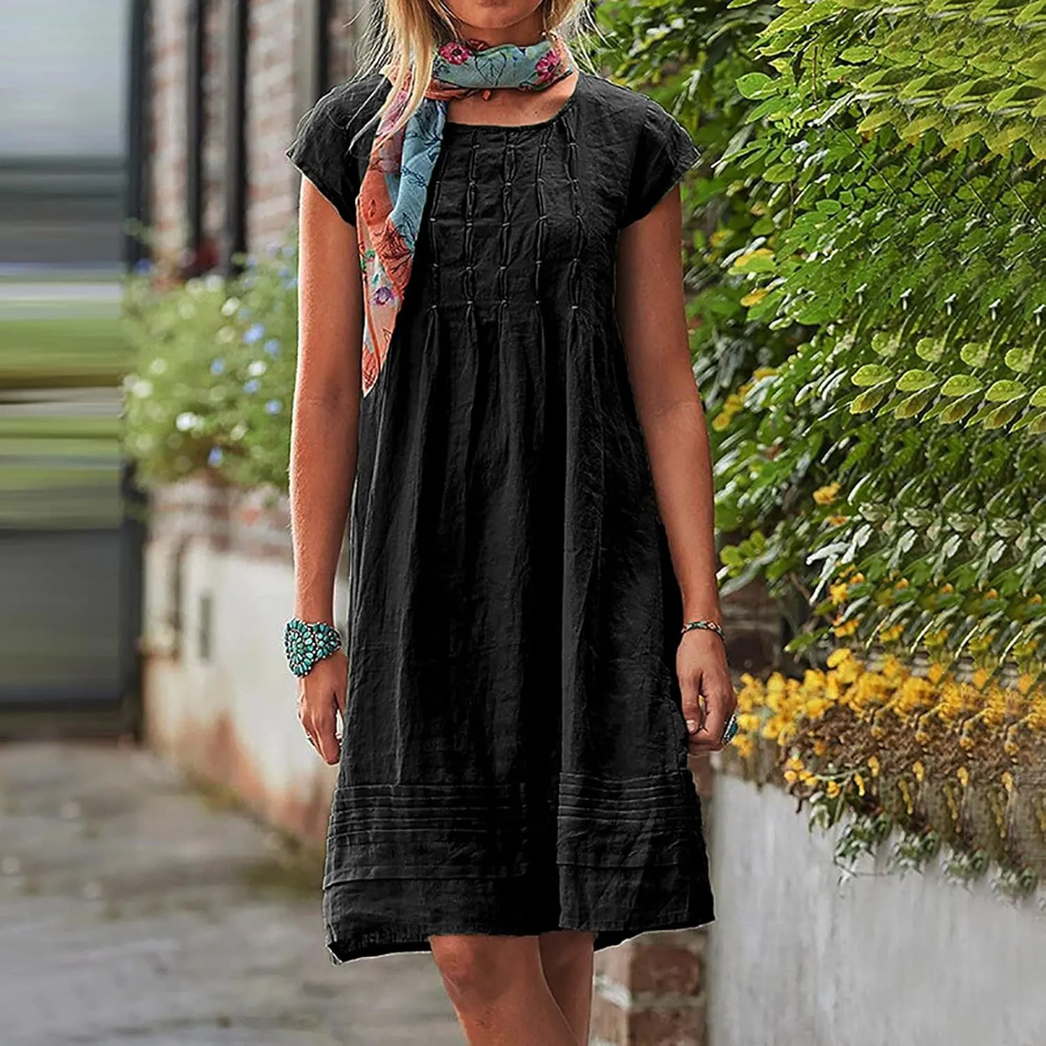Summer Dresses for Women Casual Cotton Linen Midi Dress Plus Size Crew Neck Pleated Beach Dress Vacation Sundress