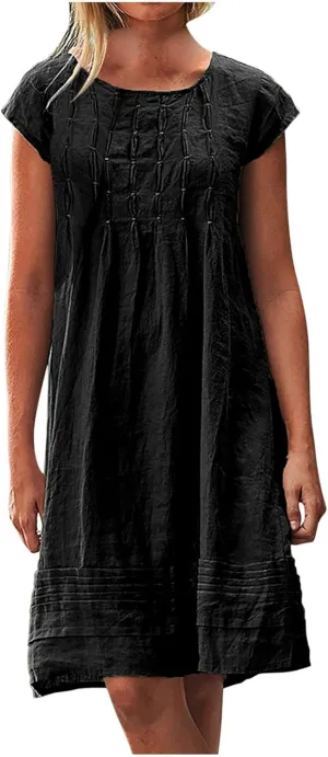 Summer Dresses for Women Casual Cotton Linen Midi Dress Plus Size Crew Neck Pleated Beach Dress Vacation Sundress