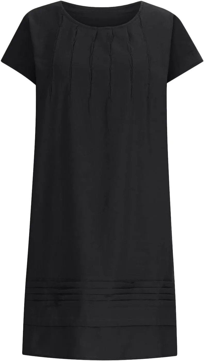 Summer Dresses for Women Casual Cotton Linen Midi Dress Plus Size Crew Neck Pleated Beach Dress Vacation Sundress