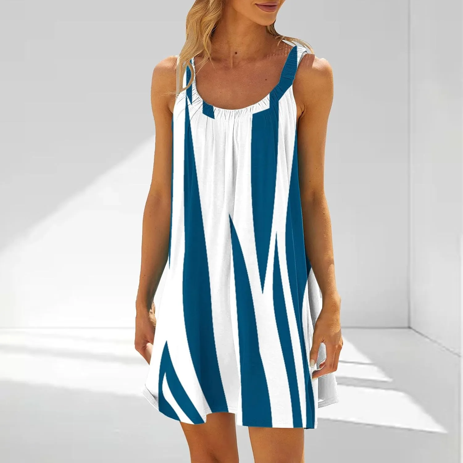 Summer Dresses for Women Casual Crewneck Ruched Sleeveless Sundress Boho Floral Beach Vacation Retro Mini Dress