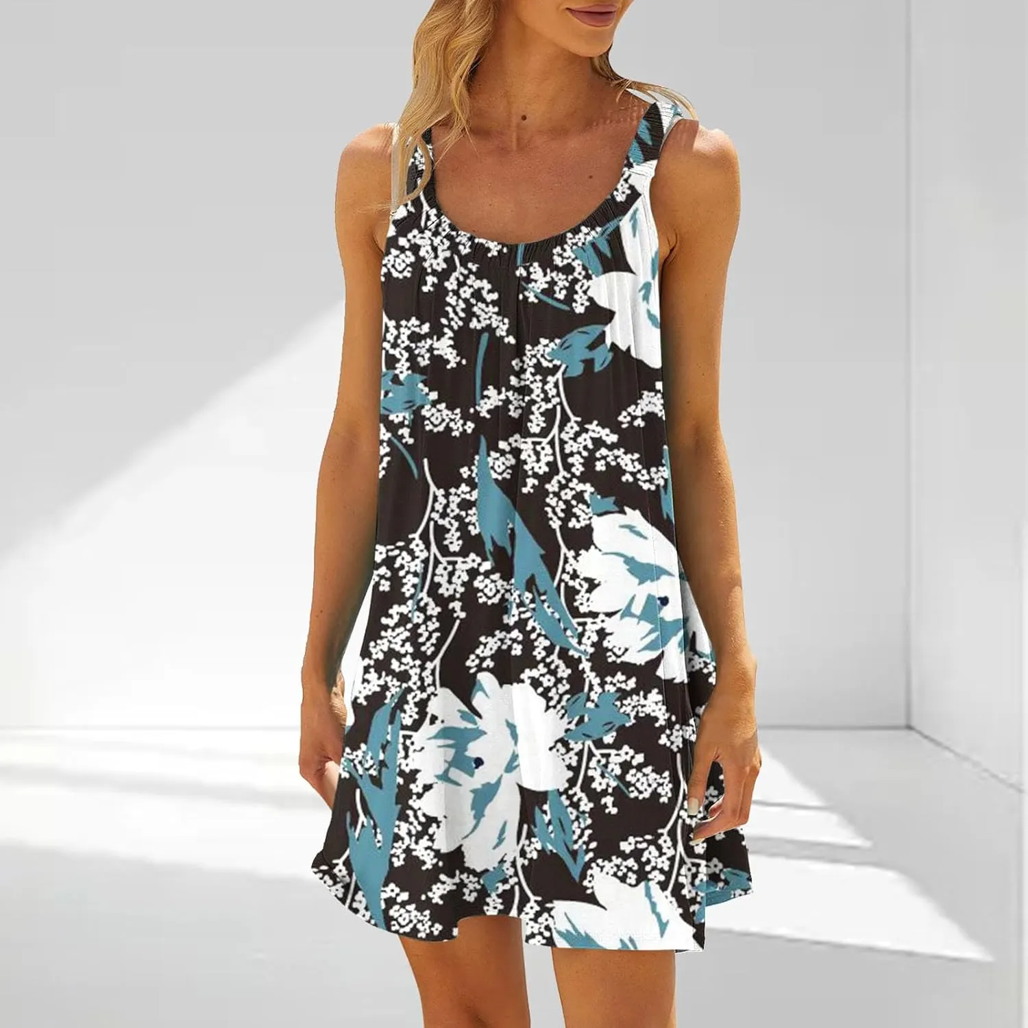 Summer Dresses for Women Casual Crewneck Ruched Sleeveless Sundress Boho Floral Beach Vacation Retro Mini Dress