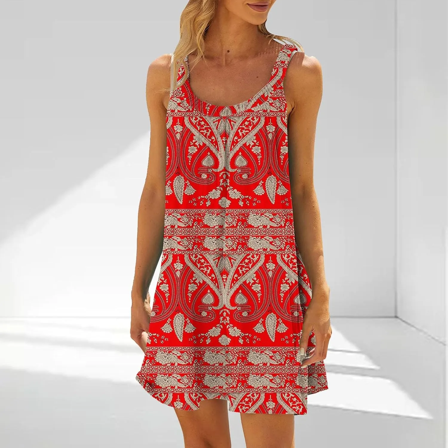Summer Dresses for Women Casual Crewneck Ruched Sleeveless Sundress Boho Floral Beach Vacation Retro Mini Dress