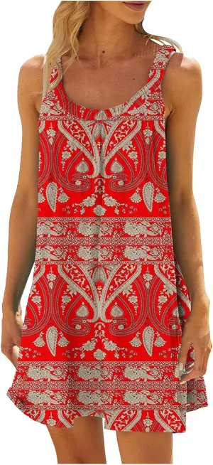 Summer Dresses for Women Casual Crewneck Ruched Sleeveless Sundress Boho Floral Beach Vacation Retro Mini Dress