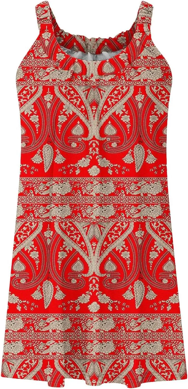 Summer Dresses for Women Casual Crewneck Ruched Sleeveless Sundress Boho Floral Beach Vacation Retro Mini Dress