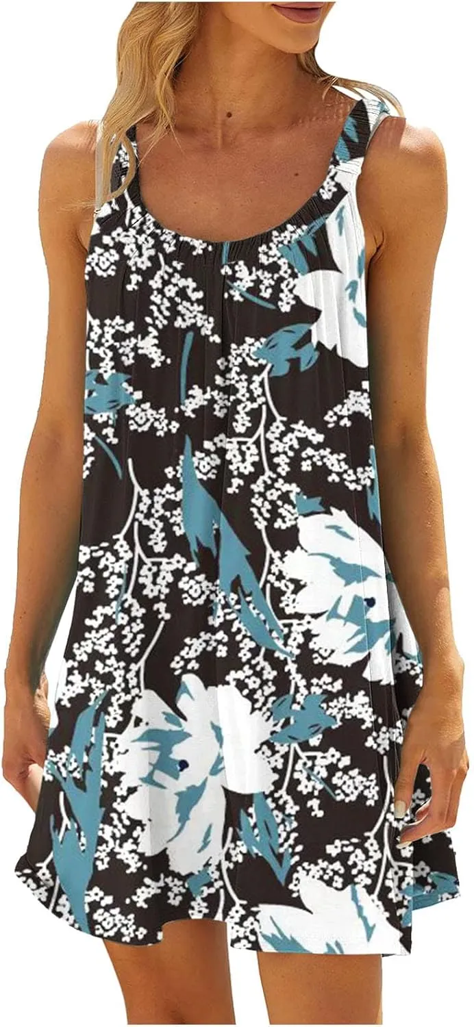 Summer Dresses for Women Casual Crewneck Ruched Sleeveless Sundress Boho Floral Beach Vacation Retro Mini Dress