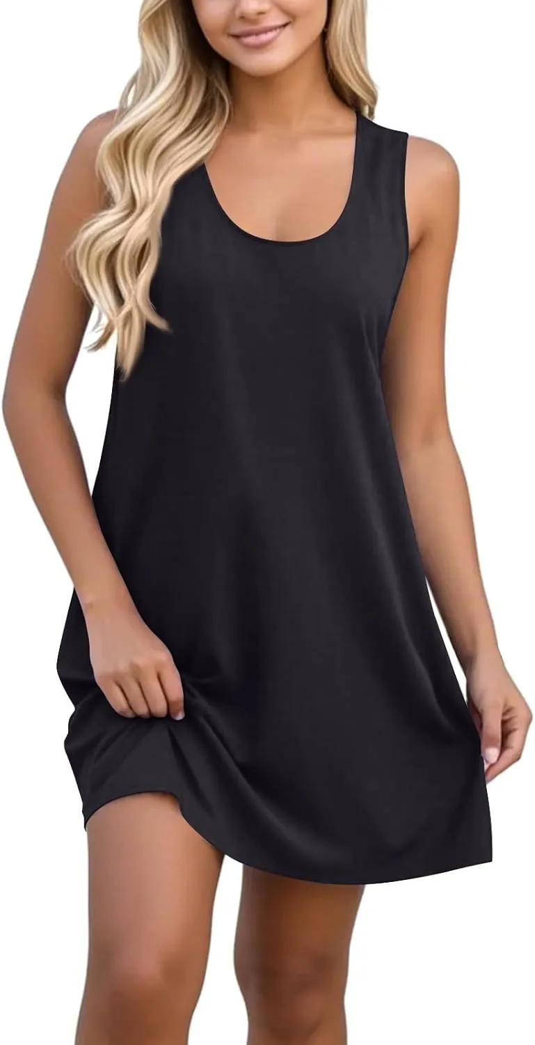 Summer Dresses for Women Casual Sleeveless Mini Dress printedBeach Sundresses Loose Tshirt Tank Dresses with Pockets