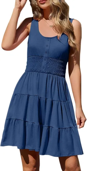 Summer Dresses for Women Casual Sleeveless Sundresses Elastic Waist Mini Sun Dress