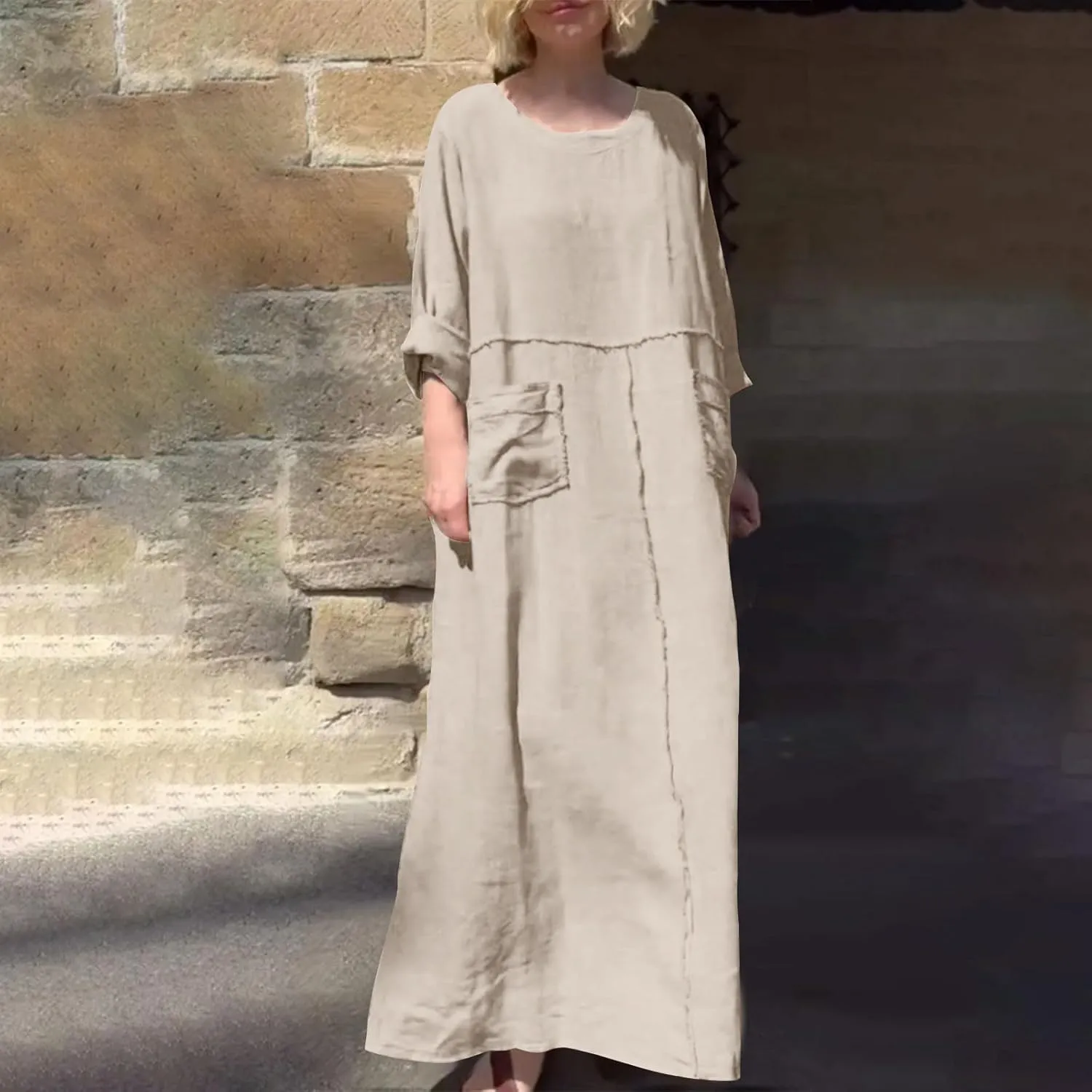 Summer Dresses for Women Plus Size Long Sleeve Maxi Dress Crew Neck Dresses with Pocket Cotton Linen Maxi Sundress